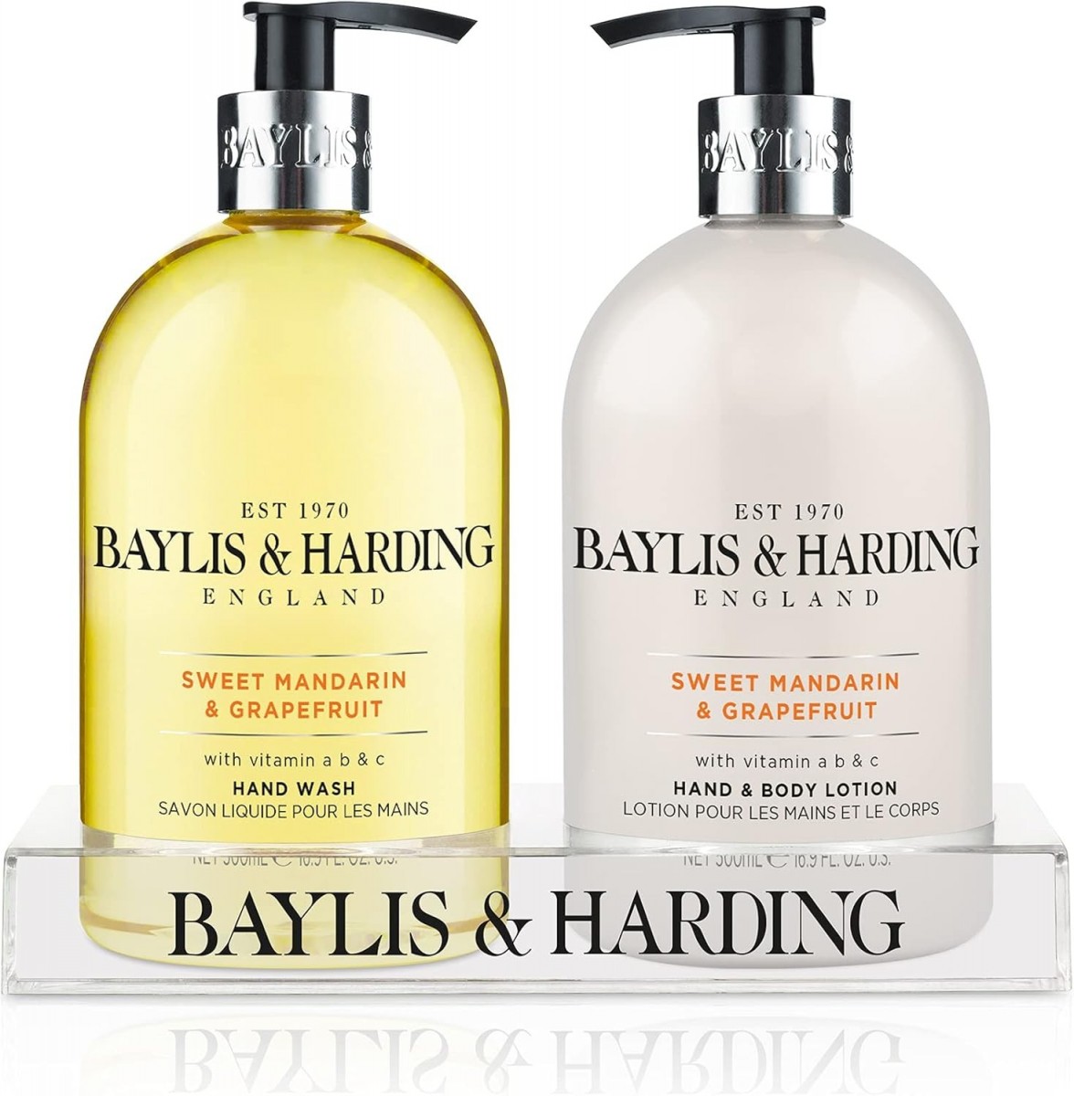 Baylis & Harding Sweet Mandarin & Grapefruit 2 Bottle Set in a Clear Acrylic Rack